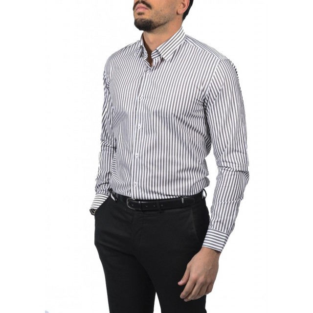 D-ZINE Πουκάμισο Ριγέ Γκρί Σκούρο