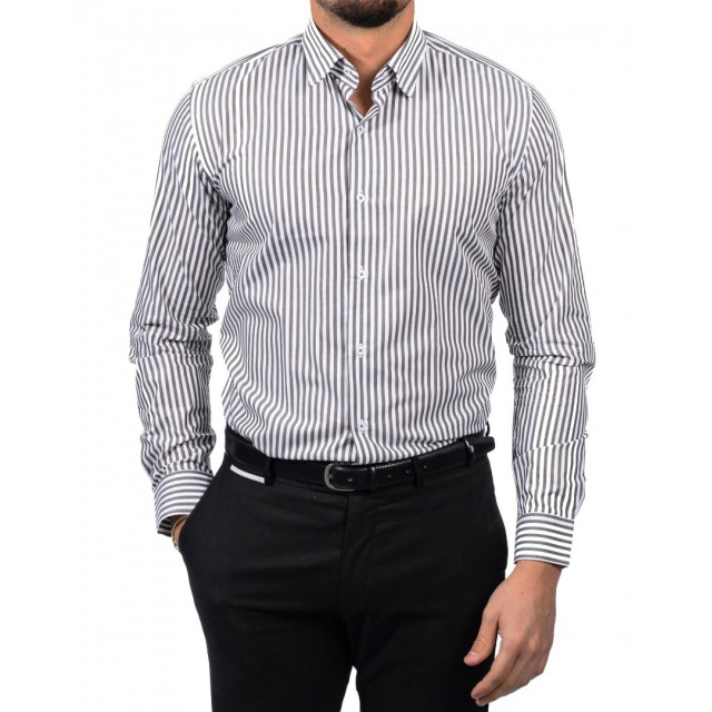 D-ZINE Πουκάμισο Ριγέ Γκρί Σκούρο